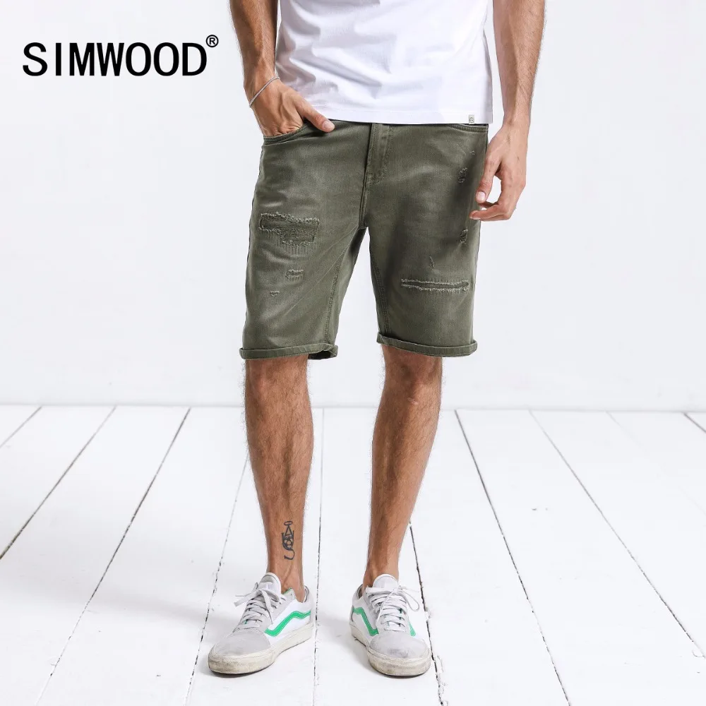 SIMWOOD бренд Джинсовые шорты мужские часы Новые летние шорты Для мужчин модные «дырявые» Рваные джинсы обтягивающая модель размера плюс модные Костюмы 180180
