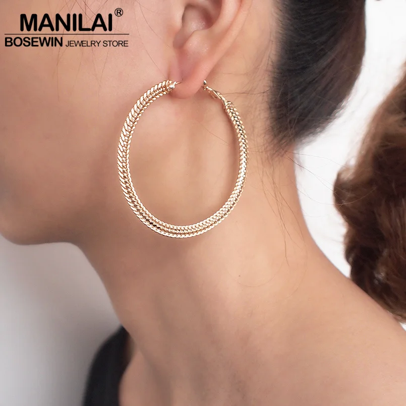 

MANILAI Wide Hoop Earrings For Women Punk Statement Earrings Brincos 2019 Fashion Jewelry Golden Silver Color 60mm Diameter