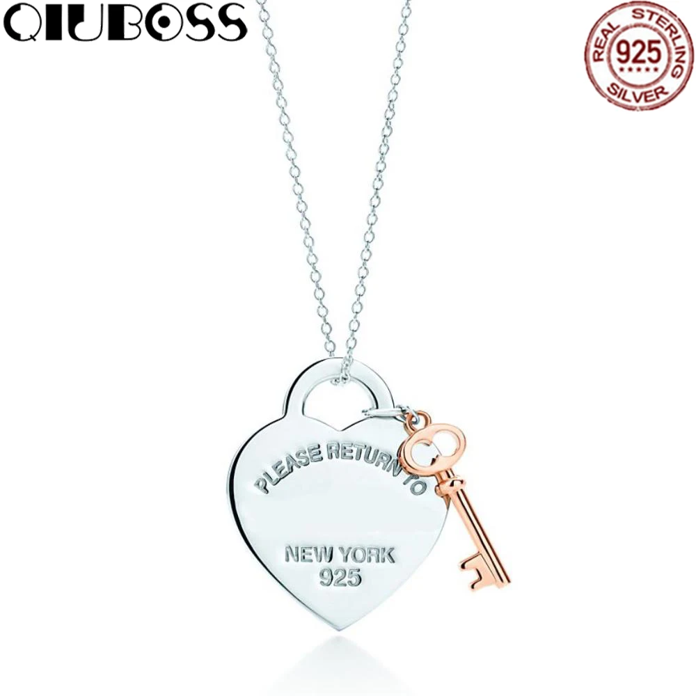 

QIUBOSS TIFF Heart Shape Key Lock Pendant Necklace in Sterling Silver Rose gold key Clavicle Necklace Gifts