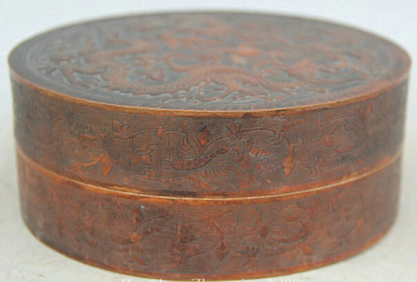 

JP S0524 Old Chinese Palace Copper 2 Dragons Round Study Inkstone Inkslab Ink Box