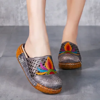 

Nice Women Summer Shoes 5CM Heel Genuine Leather Sandals Ethnic Style Floral Sewing Fashion Slippers Platform Slippers Women