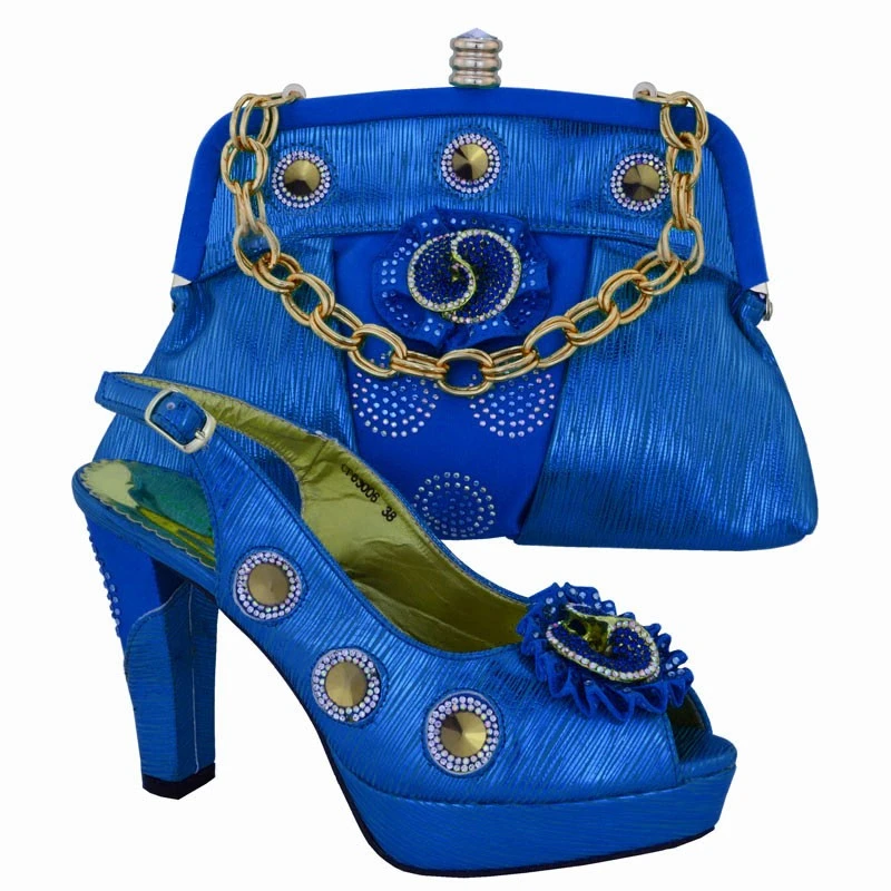 Royal Blue Matching Shoes and Bag Set Decorated with Rhinestone Women