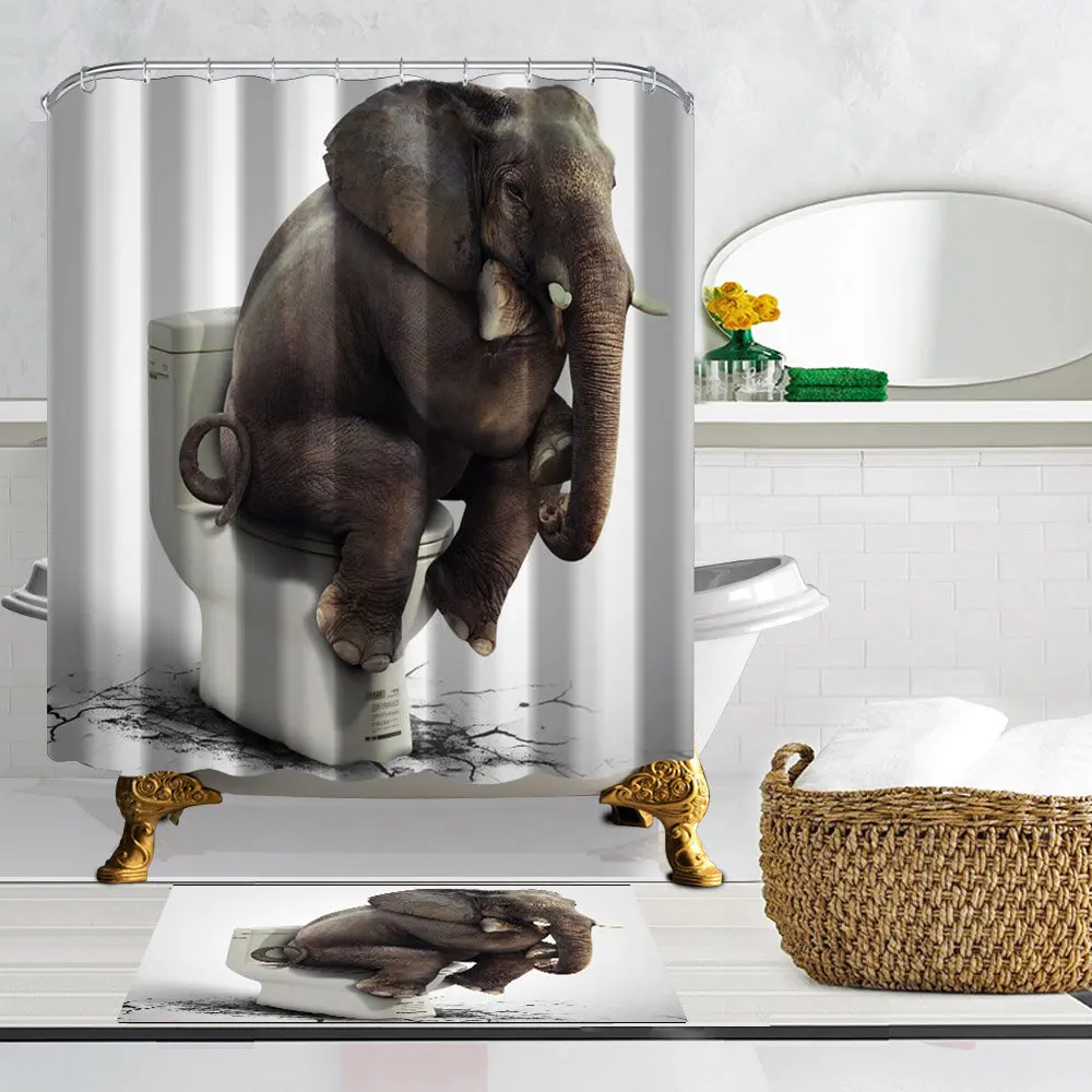 

High Quality Bathroom Curtains Elephant Sitting on the Toilet Shower Curtains Waterproof and Mildew Proof with 12 Plastic Hooks