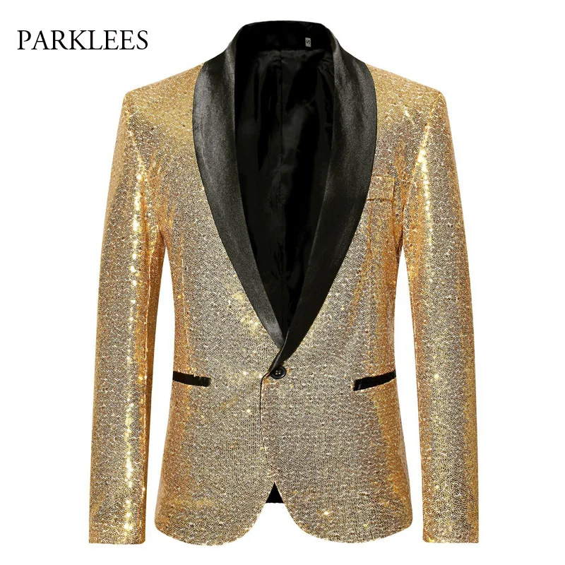 

Gold Shiny Sequins Blazer Men 2019 New One Button Sparkle Glitter Blazer Masculino Nightclub Party Stage Prom Mens Blazer Jacket