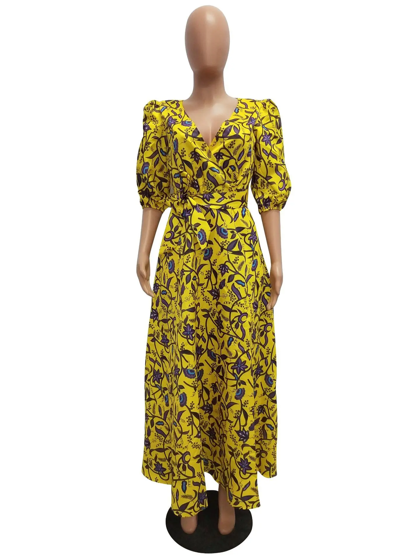 Africa Dashiki Long Dress for Women Floral Printing Indie Folk Dresses V-Neck Puff Half Sleeve A-Line Long Dresses With Sashes - Цвет: Yellow