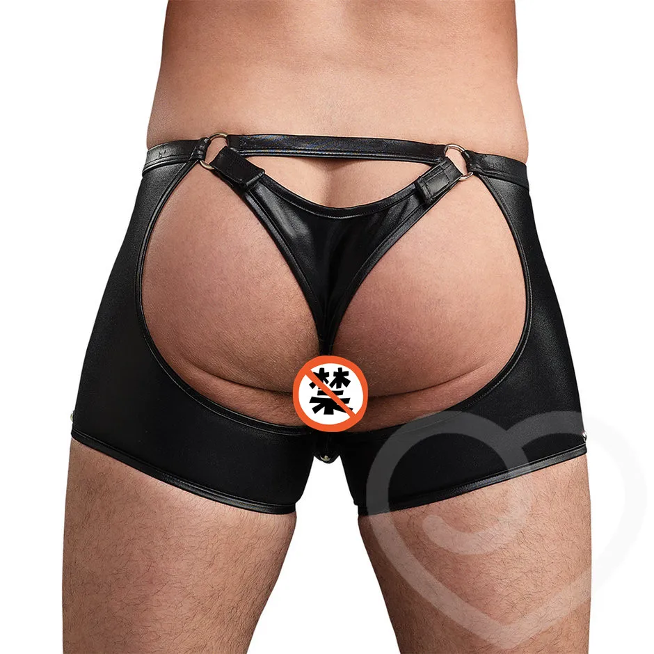 Tanie Punk Gothic Sexy spodenki pcv mężczyźni czarne majtki Wetlook drążą geje erotyczne bokserki Pole kostium taneczny Faux Leather Game Uniform