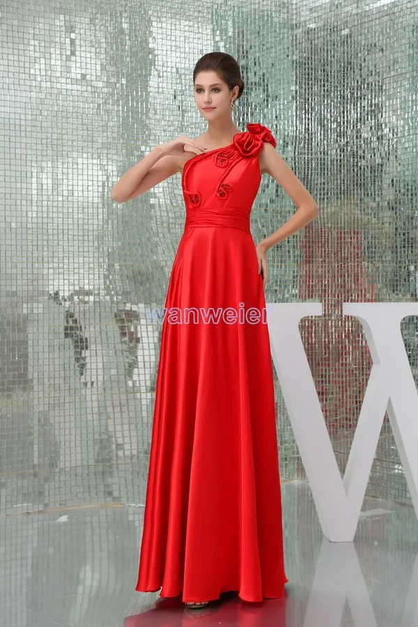 

free shipping modest 2013 new design hot sale handmade flowers one shoulder custom size plus size gown long red Bridesmaid Dress