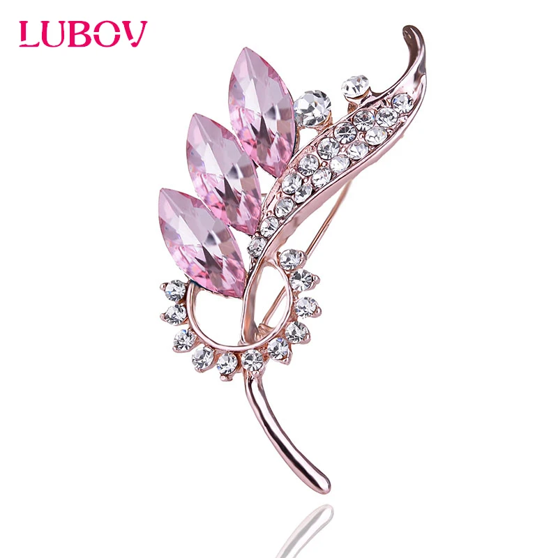 

LUBOV Colorful Crystal Stone Leaves Golden Metal Branch Brooch Pin Fashion Rhinestone Scarf Pin Elegant Women Costume Jewelry