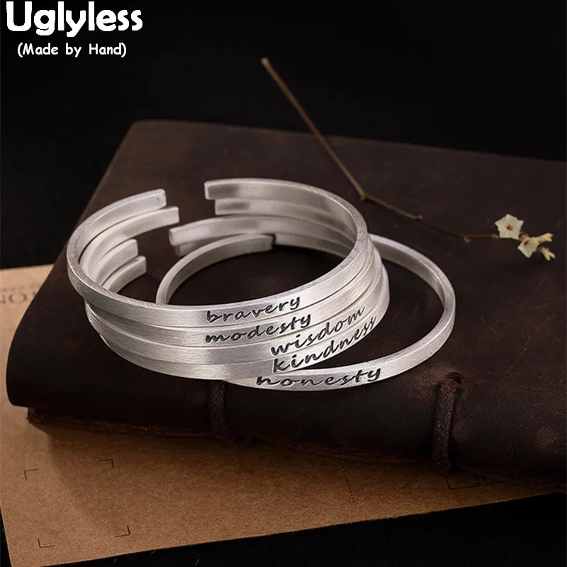 

Uglyless 100% Real Solid 999 Fine Silver Jewelry for Women Thai Silver Motto Bangles Simple Gift Bracelets Open Bangle Bijoux