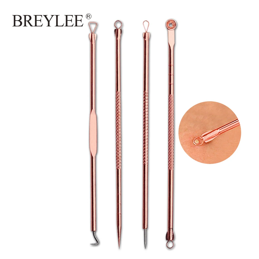 

BREYLEE 4PCS Acne Removal Needle Tools Rose Gold Pore Cleanser Blackhead Remover Pimple Extractor Black Mask Facial Skin Care