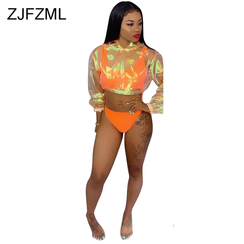 

Neon Green Orange 2 Piece Outfits For Women Summer Waist Band Cut Out Beach Bodysuit+ Long Sleeve Hooded Sunscreen Top Tracksuit