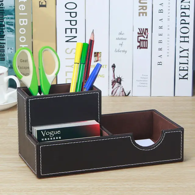 creative desktop office wooden PU leather pen holder cute pencil case ...