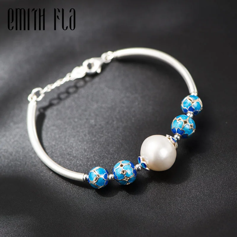 

925 Sterling Silver Chinese Style Original Bangle Female Pearl Cloisonne Bracelet Fashion Jewelry for Women Bracelets Resize