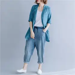 Винтажный льняной Блейзер, женский пиджак, лето 2019, новинка, большие размеры, с короткими рукавами, с отворотами, топы, корейский
