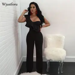 Wjustforu рюшами с плеча Bodycon Повседневное комбинезон Для женщин Однотонная одежда широкие брюки комбинезон элегантный модные, пикантные