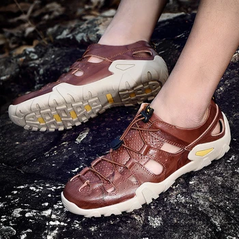 

Men's Sandals 2019 New Summer Genuine Leather Outdoor Sport Shoes for Male High Quality Flat Beach Hiking Trekking Sandals