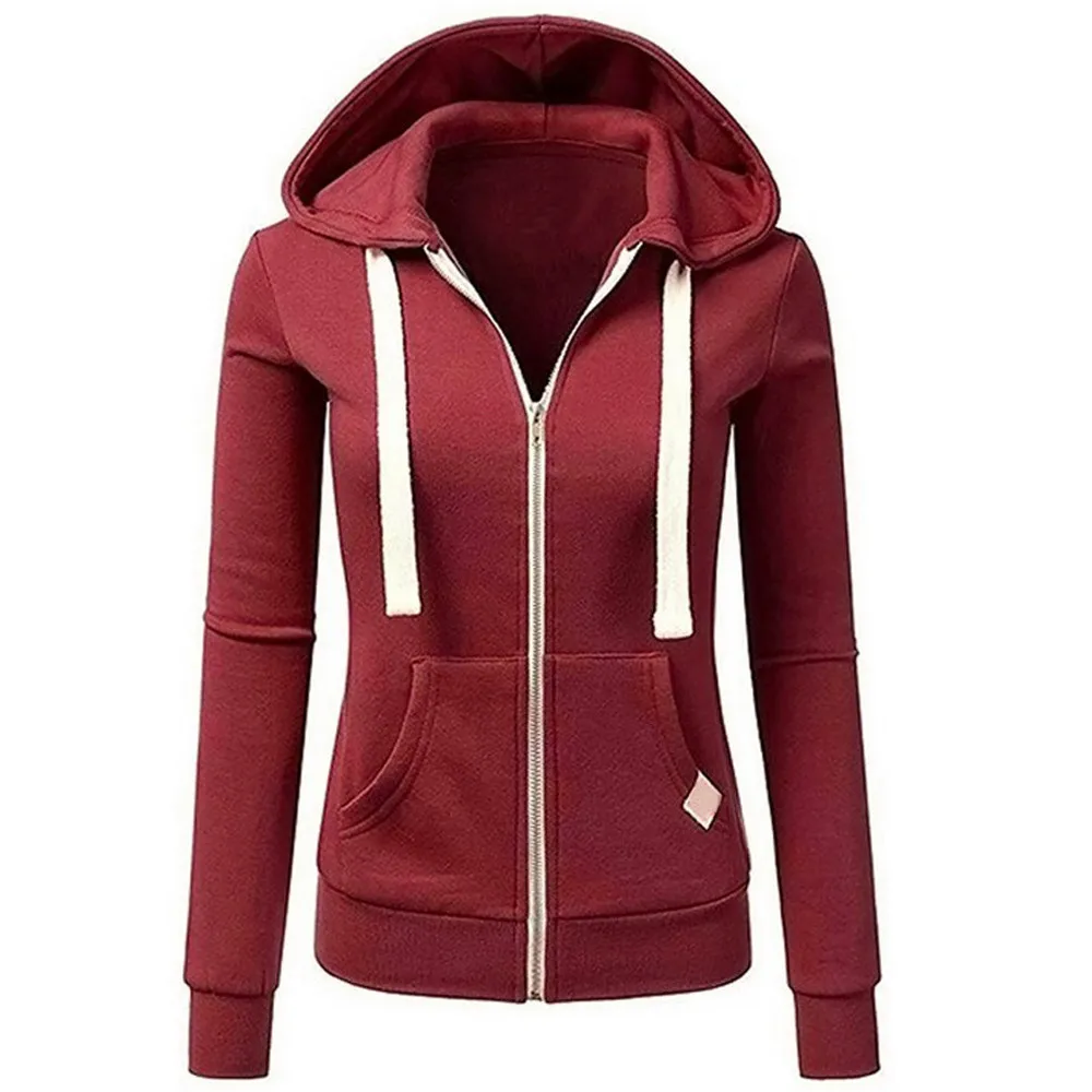 Clothing women's new autumn and winter long-sleeved hooded fashion jacket casual sports jacket solid color Slim 2XL - Цвет: Wine