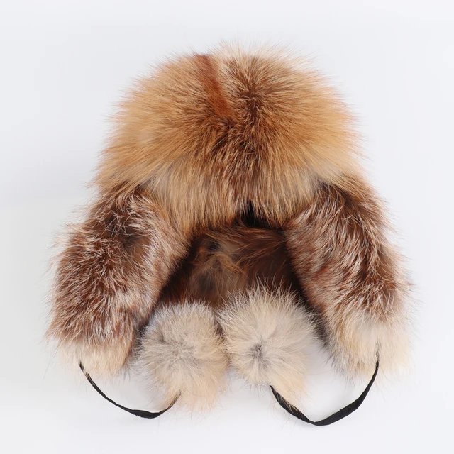 On Sale 100% Real Fox Fur Women's Russian Ushanka Aviator Trapper Snow Skiing Hats Caps Earflap Winter Ladies Fox Fur Bomber Hat 2