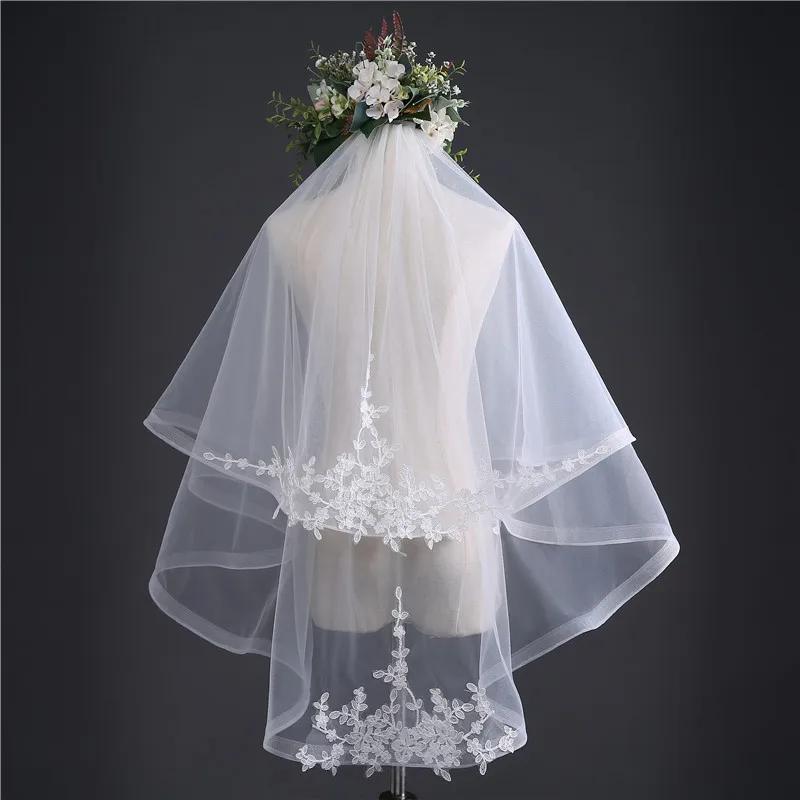 

Short 2 Layer High Quality Cheap wedding veils Lace Edge wedding accessories bridal veil velos de novia