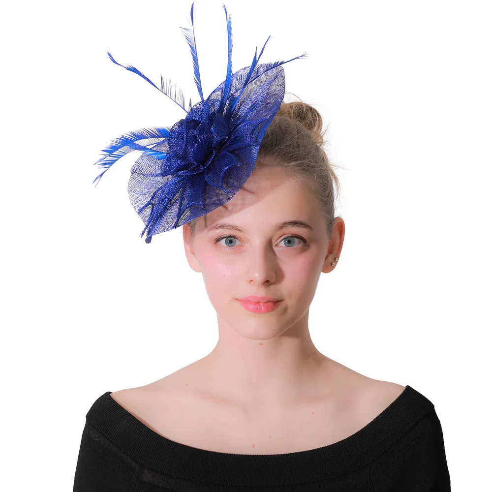 Королевский синий sinamay Свадебный чародей шляпа заколка для волос для невесты женатые причудливые перья головные уборы вечерние аксессуары для волос головная повязка