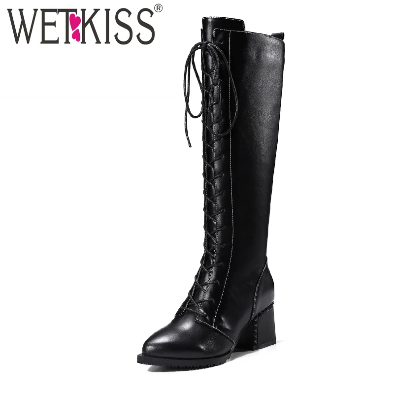 

WETKISS Neutral Lace Up Knee-High Boots Brand Design High Square Heel Autumn Rubber Boots Natural Leather Women Shoes Plus Size