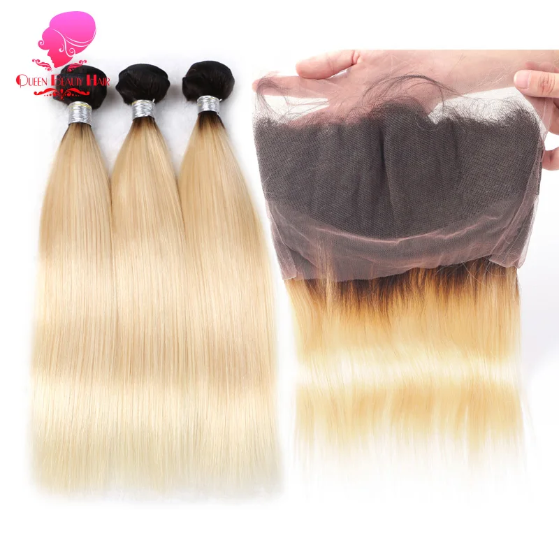 

QUEEN 1B 613 2 Tone Color Ombre Blonde 360 Lace Frontal with Bundle Pre Plucked Remy Human Hair 3 Bundles with Frontal Straight