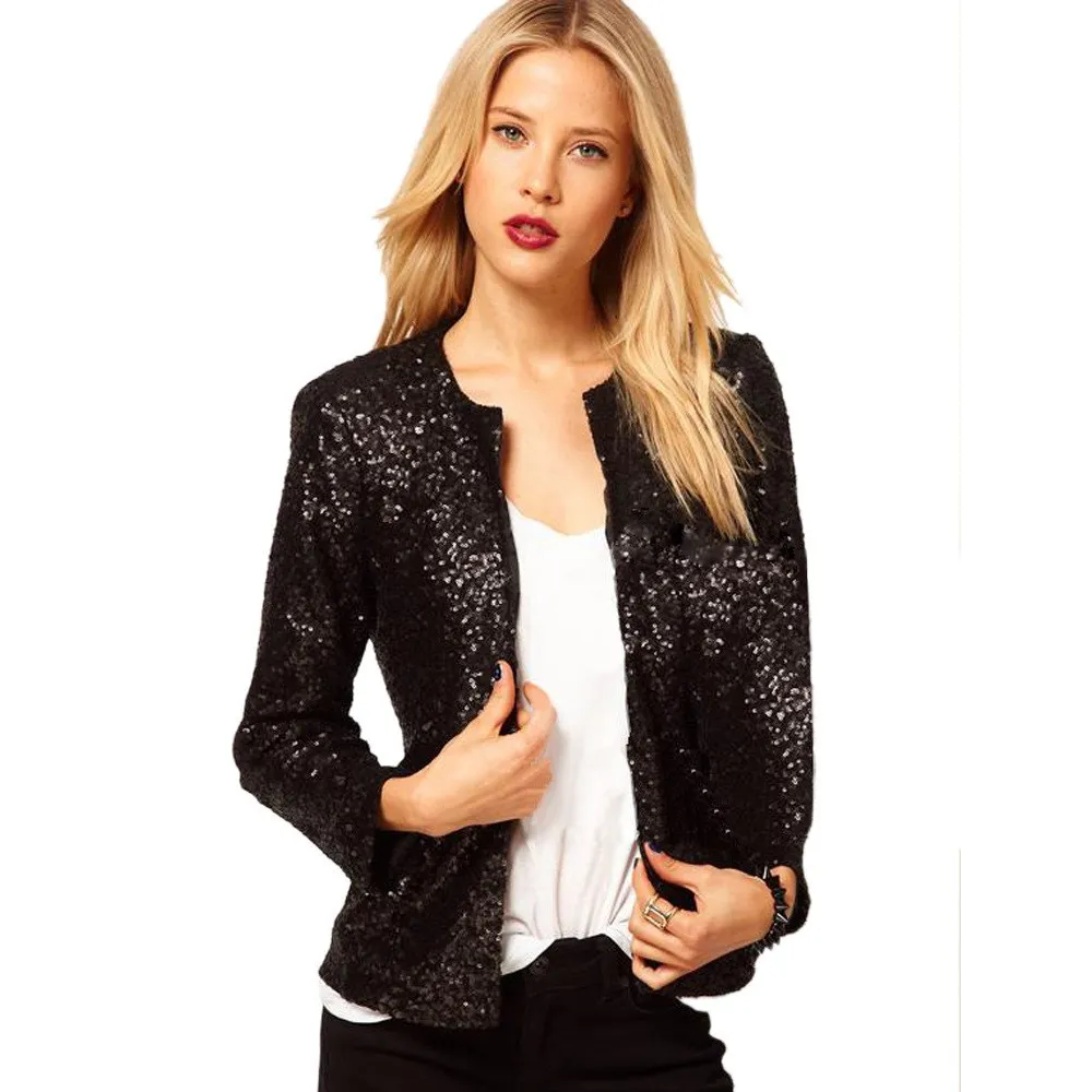 Spring Autumn Women Long Sleeve Sequins Jackets Vintage Silver Shiny Party Club Paillette Jacket Casual Loose Sequin Basic Coats