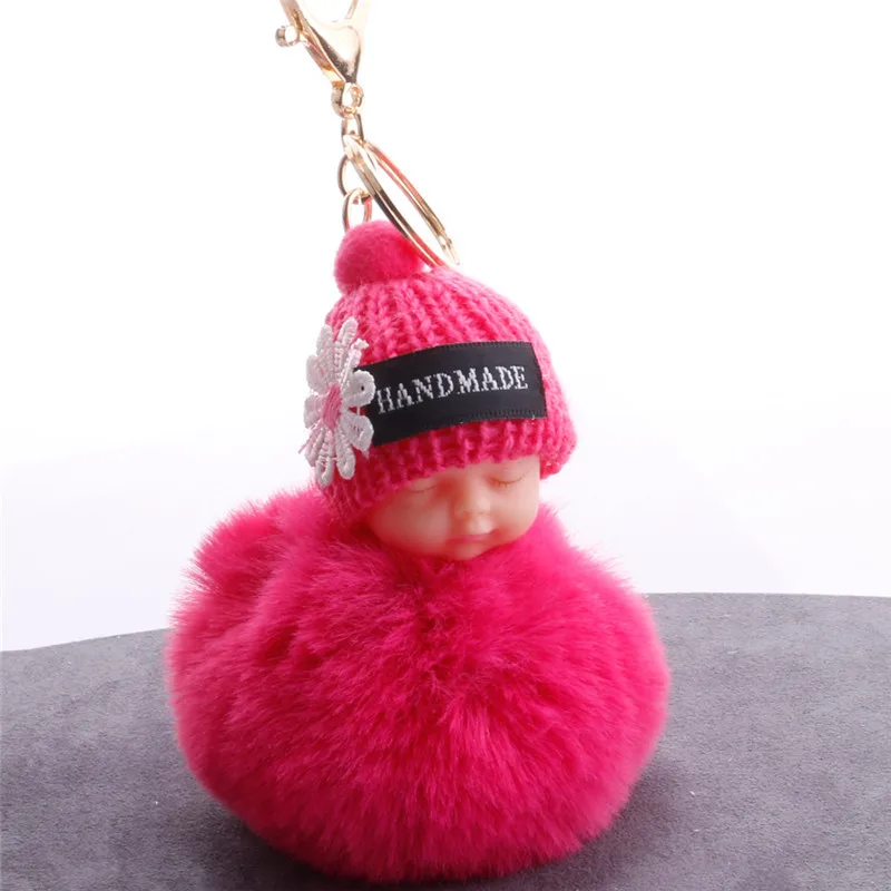 Fluffy fur pompom keychain cut sleeping baby doll keychain fake rabbit fur key chain 03_