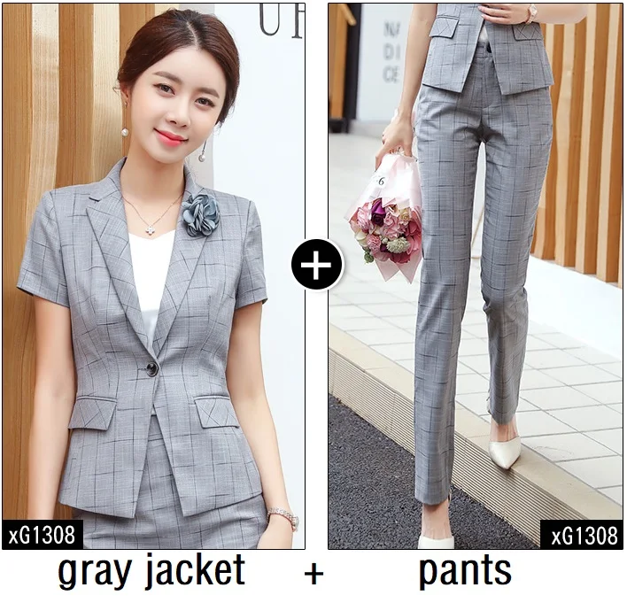 gray jacket pants Женские костюмы, тонкие летние клетчатые куртки с коротким рукавом и штаны, комплект из 2 предметов, женские брючные костюмы, женские комплекты, костюмы 1308 - Цвет: gray jacket pants