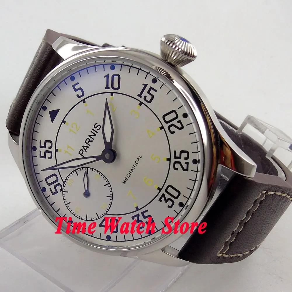 Parnis 44mm white dial luminous dual time zone 6497 hand winding movement Men's watch 647