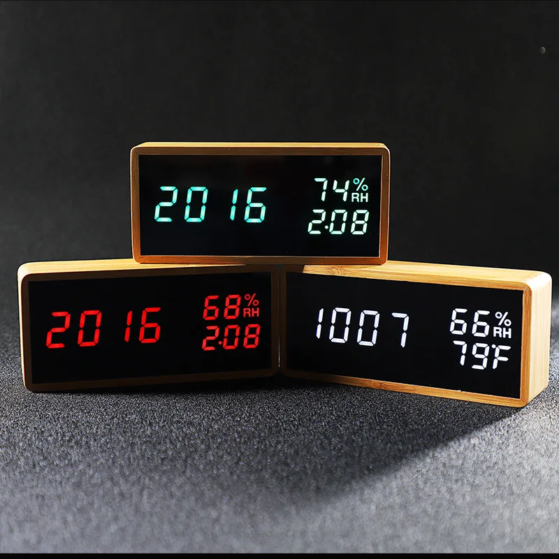 Цифровой Будильник Светодиодный настольный часы температура и сигнализация влажности Часы бамбуковый контроль звука кварцевые спальня гостиная современный