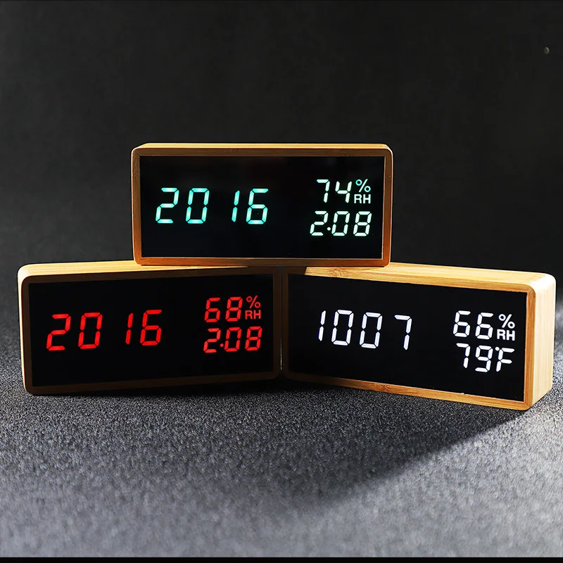  Digital Alarm Clock LED Desk Clock Temperature and Humidity Alarm Watch Bamboo Sound Control Quartz