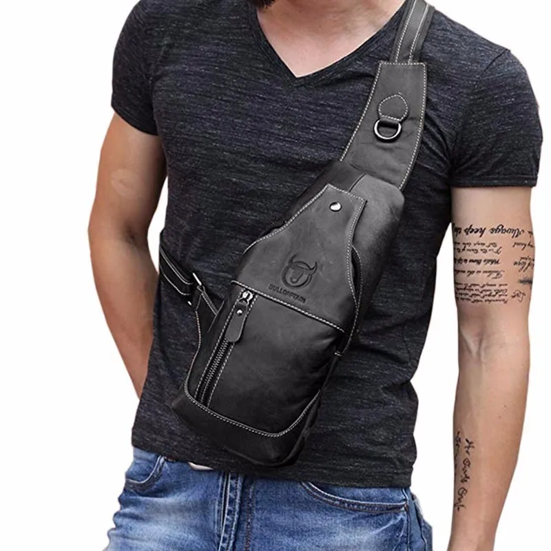 Men Genuine Leather Sling Chest Bag Cross Body Messenger Shoulder Pack ...