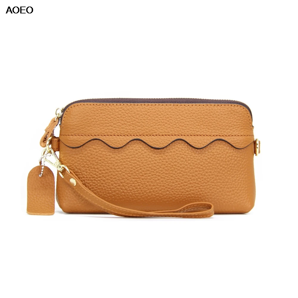 

AOEO Wallet Women Genuine Leather Wave Design With Wristband Ladies Clutch Bags For Phone Girls Calfskin Purse Female