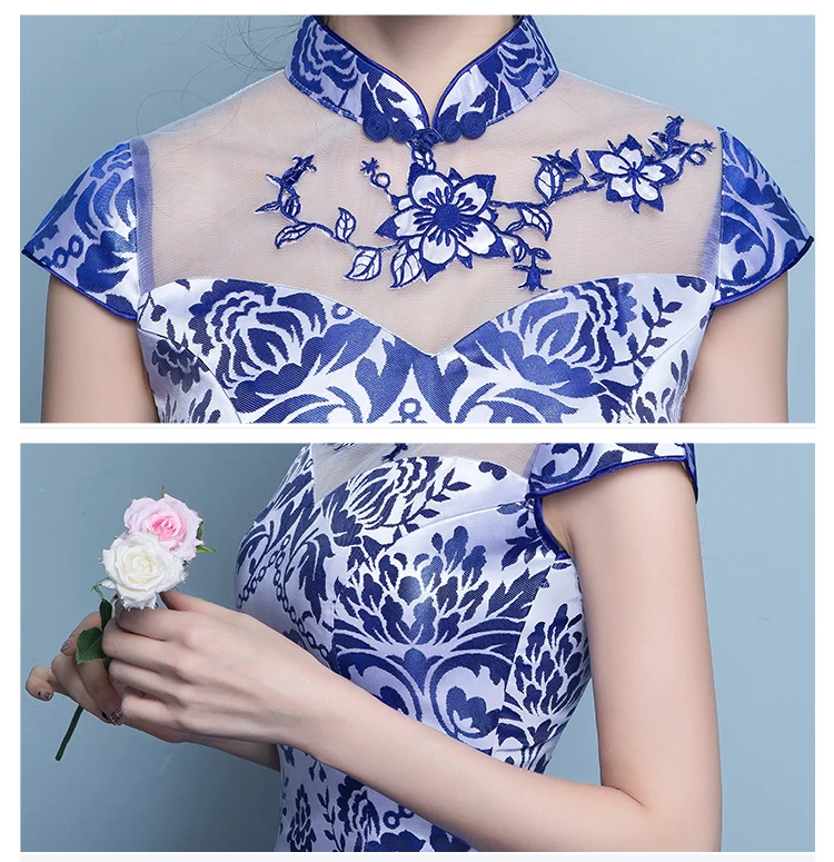 Синий и белый фарфор Мини Qipao Платья для женщин короткие современные китайское традиционное платье Cheongsam платье с цветочным рисунком chinoise