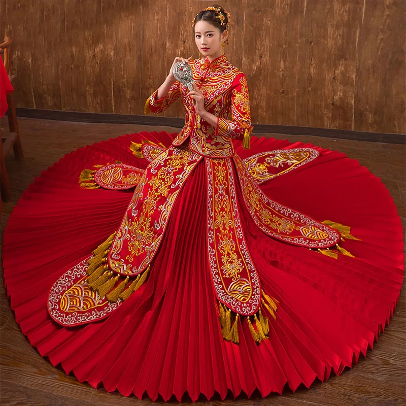 Восточный китайский традиционный свадебное платье Для женщин феникс вышивка Cheongsam красный район Qipao невесты традиции халат Chinoise