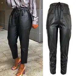 Новый Для женщин Брюки Черный Высокая талия узкие брюки женская обувь из искусственной кожи длинные брюки женские передний карман Клубная