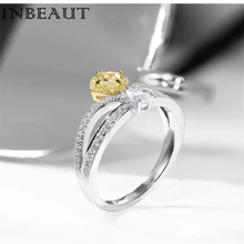 

INBEAUT Women Lxury Brand Forever Love Crown Wedding Rings Sparkling White Water Drop Zircon&Square Yellow Stone Ring S925 Gfit