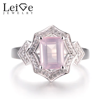 

LeiGe Jewelry Unique Wedding Rings Natural Pink Quartz Rings Emerald Cut Pink Stone Ring 925 Sterling Silver Romantic Gifts