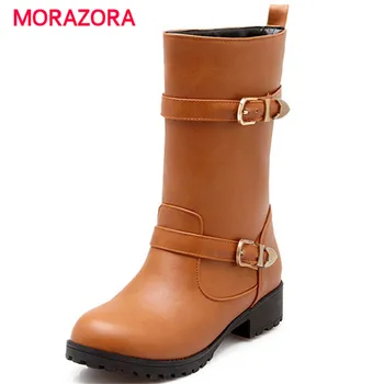 

MORAZORA 2018 new fashion autumn winter women boots comfortable round toe square heel snow boots buckle short plush boots