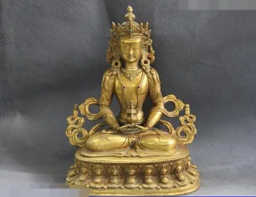

S06259 Tibet 100% Pure Bronze 24K Gold Gild inlay Gem Longevity Amitayus GuanYin Statue