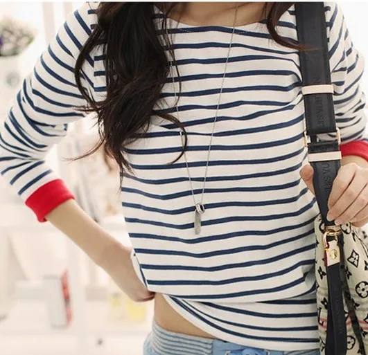 

2015 New Tops Tee Women Fashion O-Neck Long Sleeve Autumn Cotton T-Shirt Casual Striped Loose T Shirt Blusas Femininas