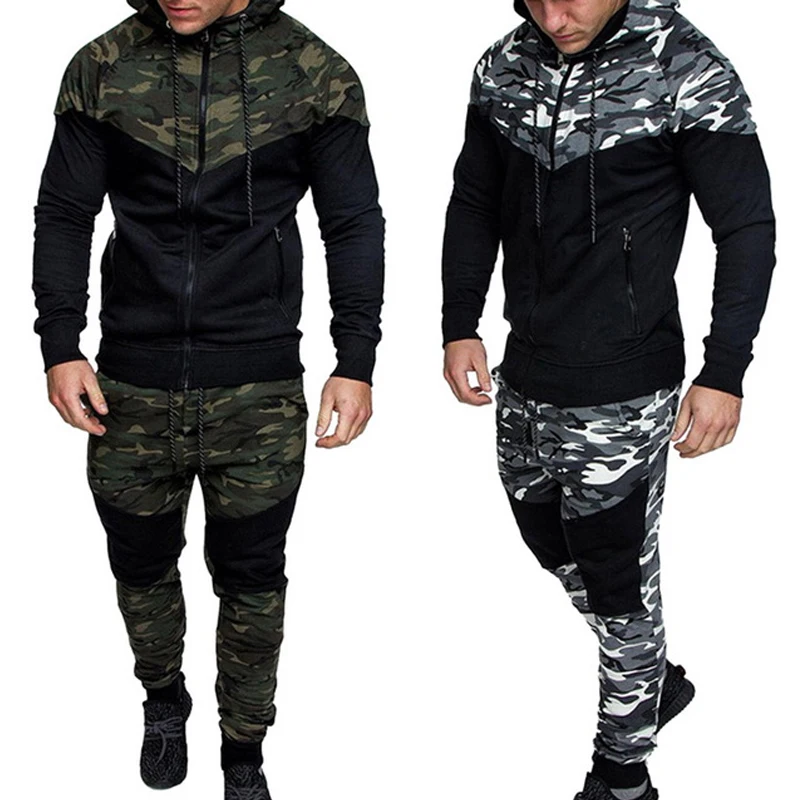 

Plus Size Camouflage Printed Men Set Causal Patchwork Tracksuit Men 2Pcs Sportswear Hoodies Sweatshirt Jacket+Pants Jogger Suit
