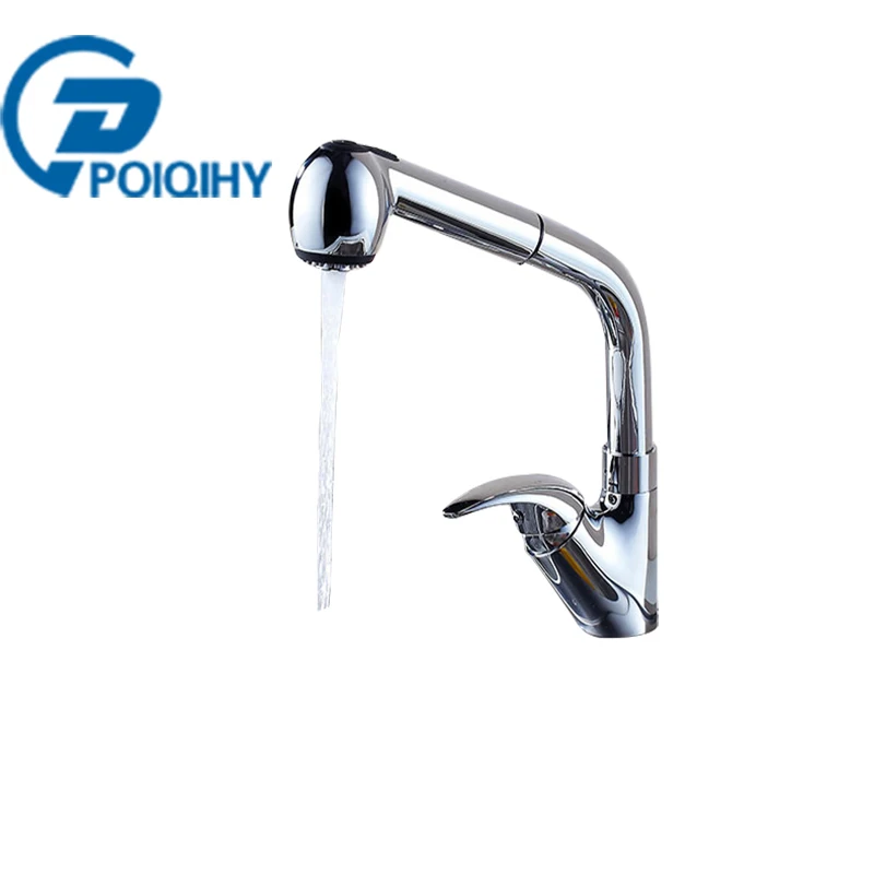 

POIQIHY deck mounted 360 Rotate Pull out Kitchen Faucet Polished Black Swivel Kitchen Sink Mixer Tap Luxury Spray