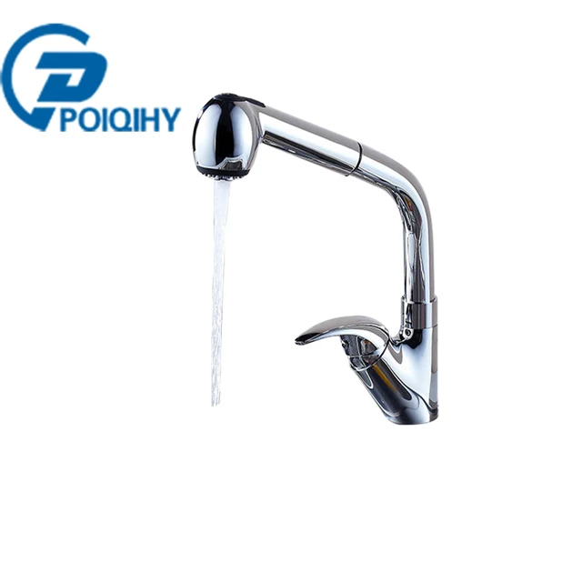 Best Price POIQIHY deck mounted 360 Rotate Pull out Kitchen Faucet Polished Black Swivel Kitchen Sink Mixer Tap Luxury Spray 