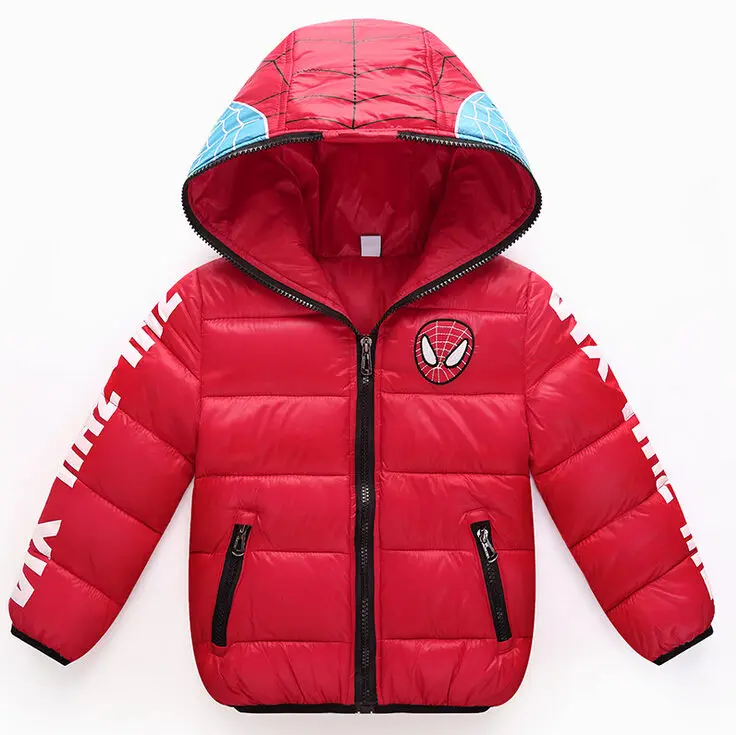 Зимняя куртка-пуховик высокого качества для мальчиков и девочек; верхняя одежда; Детские Пуховые Пальто с капюшоном на молнии с человеком-пауком; теплая одежда для маленьких мальчиков - Цвет: Красный