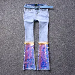 Модные блёстки тонкий винтажные женские джинсы для женщин эластичные 2019 Весна новое поступление