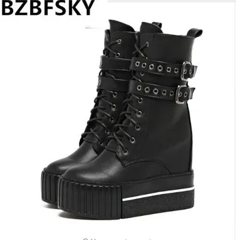 

2019Womens High Heel Boots Punk Motorcycle Boots Women Black Platform Wedge Shoes Women's High Boots Winter Shoes For Women