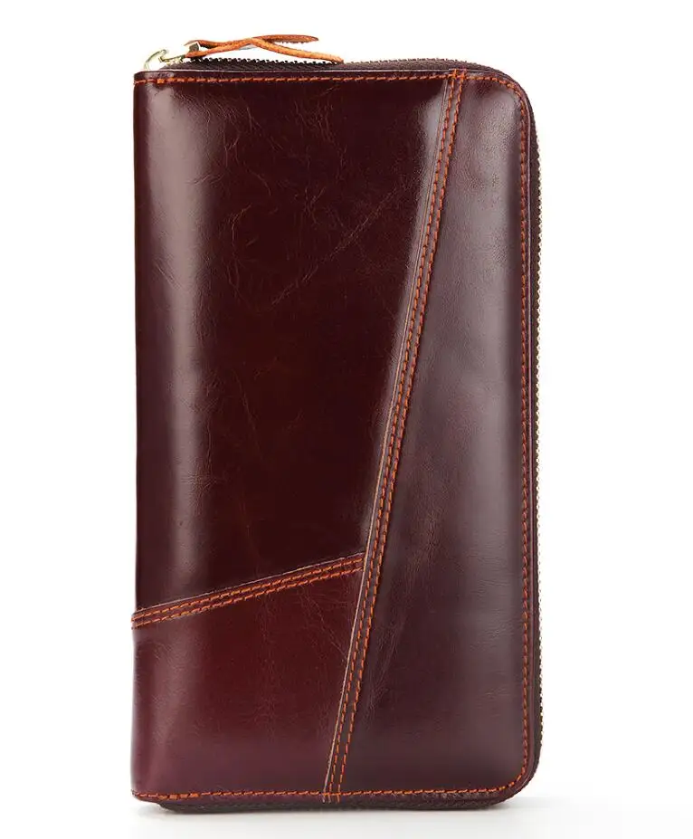 Brand Genuine Cowhide Leather Portomonee Vintage Zipper Male Wallet Wristlets Men Long Phone Clutch with Coin Purse Pocket - Цвет: Brown