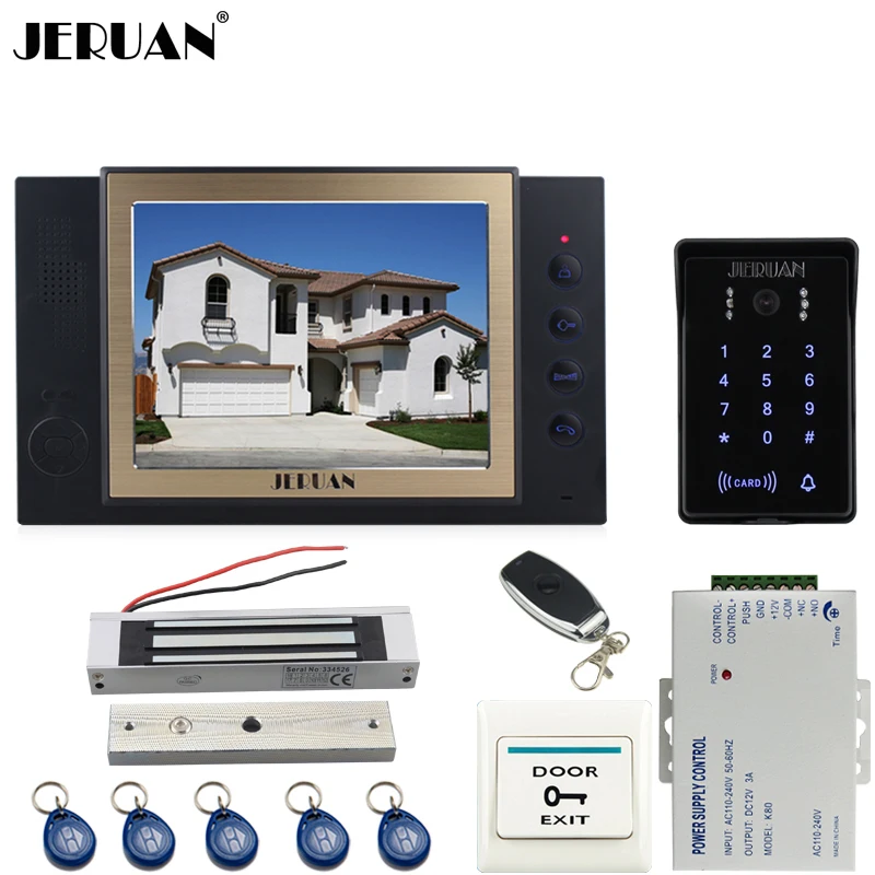 JERUAN 8 inch TFT video doorphone Record intercom system kit New RFID waterproof Touch Key password keypad Camera 8G SD Card